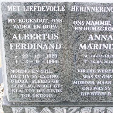 FRANZSEN Albertus Ferdinand 1923-1999 &amp; Anna Maria 1926-2010