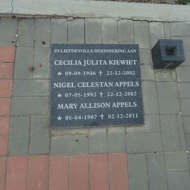 KIEWIET Cecilia Julita 1946-2002 :: APPELS Mary Allison 1967-2011 :: APPELS Nigel Celestan 1992-2002