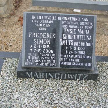 MARINCOWITZ Frederik Simon 1921-2008 &amp; Maria Christoffelina Smuts Du TOIT 1923-1993