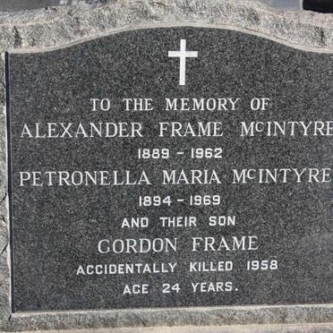 McINTYRE Alexander Frame 1889-1962 &amp; Petronella Maria 1894-1969 :: McINTYRE Gordon Frame -1958