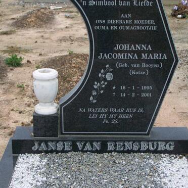 RENSBURG Johanna Jacomina Maria, Janse van  voorheen KOTZE nee VAN ROOYEN 1905-2001