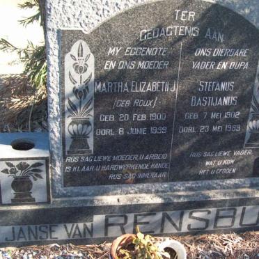 RENSBURG Stefanus Bastijanus, Janse van 1902-1989 &amp; Martha Elizabeth J. ROUX 1900-1959