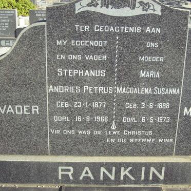 RANKIN Andries Petrus 1877-1966 &amp; Maria Magdalena Susanna 1898-1973