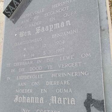SAAYMAN Bartelomeus Benjamin 1904-1987 &amp; Johanna Maria COETZEE 1910-1994