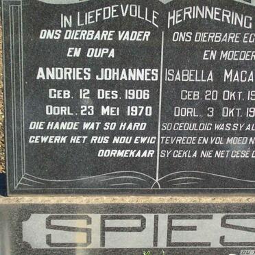 SPIES Andries Johannes 1906-1970 &amp; Isabella Magretha 1910-1965