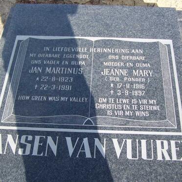VUUREN Jan Marthinus, Jansen van 1923-1991 &amp; Jeanne Mary PONDER 1916-1997