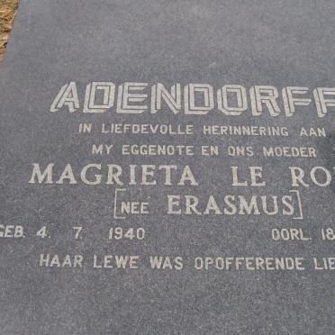 ADENDORFF Magrieta le Roux nee ERASMUS 1940-1989