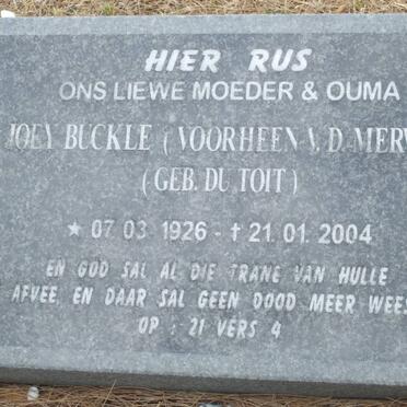 BUCKLE Joey voorheen V.D. MERWE nee DU TOIT 1926-2004