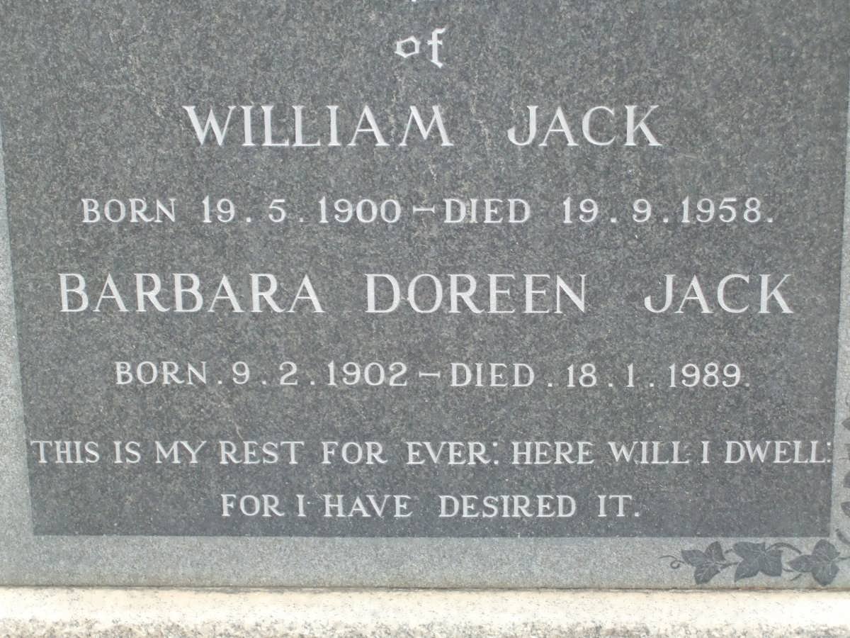 JACK William 1900-1958 &amp; Barbara Doreen 1902-1989