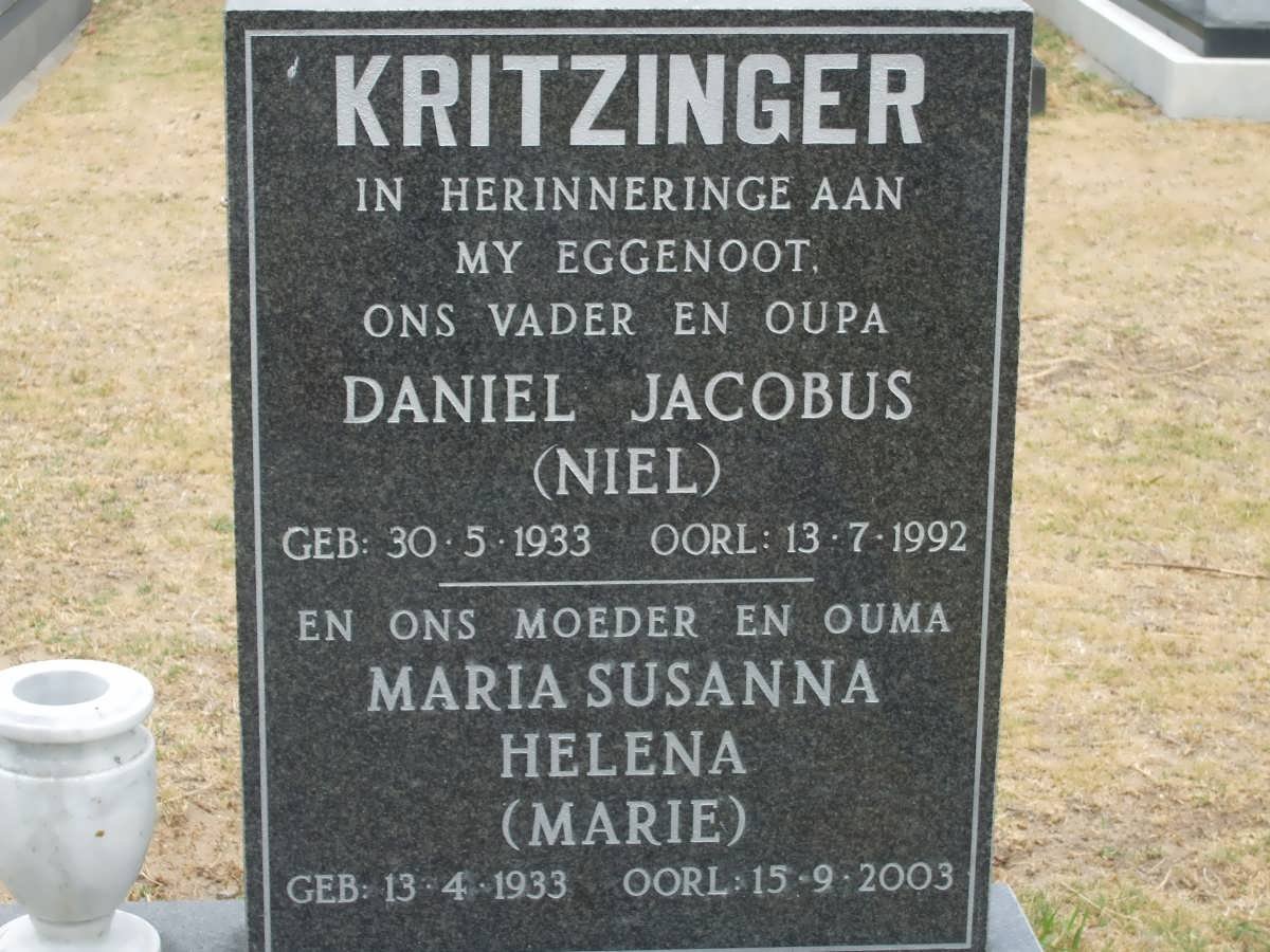 KRITZINGER Daniel Jacobus 1933-1992 &amp; Maria Susanna Helena 1933-2003