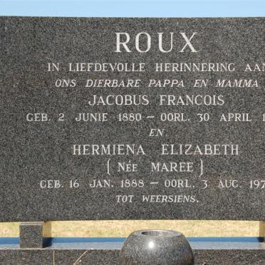 ROUX Jacobus Francois 1880-1969 &amp; Hermiena Elizabeth MAREE 1888-1970