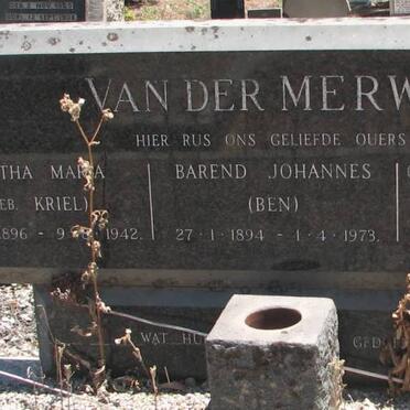MERWE Barend Johannes, van der 1894-1973 &amp; Martha Maria KRIEL 1896-1942 &amp; Catharina Wilhelmina ROUX 1902-1974