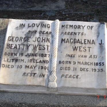 WEST George John Beatty 1827-1901 &amp; Magdalena J. VAN AS 1855-1935