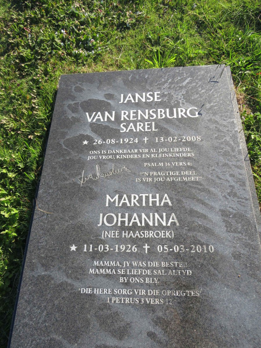 RENSBURG Sarel, Janse van 1924-2008 &amp; Martha Johanna HAASBROEK 1926-2010