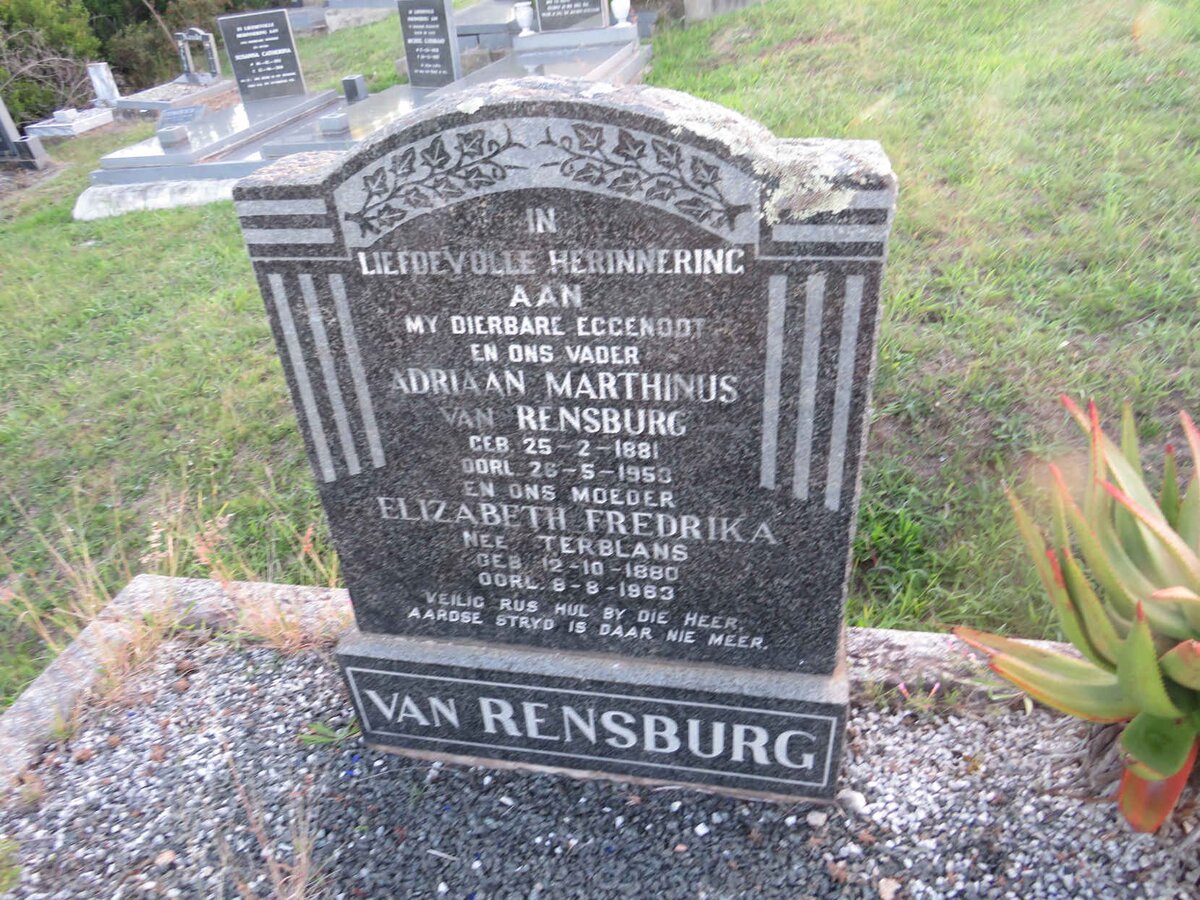 RENSBURG Adriaan Marthinus, van 1881-1953 &amp; Elizabeth Fredrika TERBLANS 1880-1963
