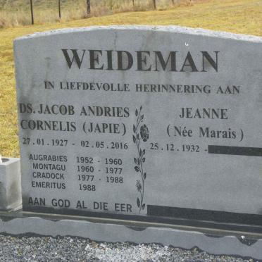 WEIDEMAN Jacob Andries Cornelis 1927-2016 &amp; Jeanne MARAIS 1932-