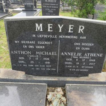 MEYER Anthon Michael 1936-1991 &amp; Annelie Athene MUNRO 1948-2017