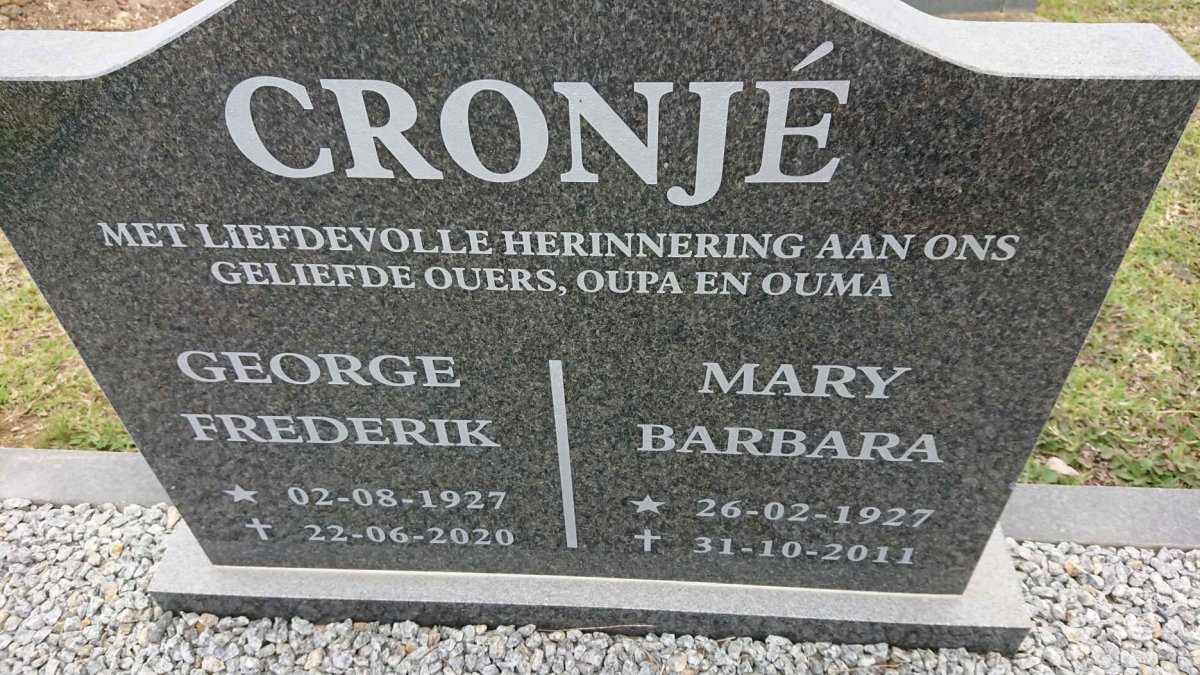 CRONJE George Frederick 1927-2020 & Mary Barbara 1927-2011