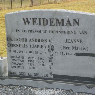 WEIDEMAN Jacob Andries Cornelis 1927-2016 &amp; Jeanne MARAIS 1932-