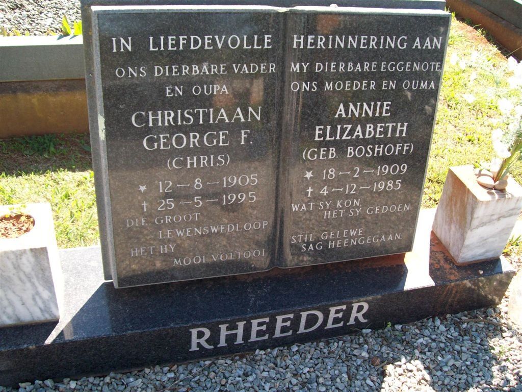 RHEEDER Christiaan George F. 1905-1995 &amp; Annie Elizabeth BOSHOFF 1909-1985