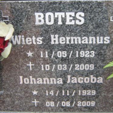 BOTES Wiets Hermanus 1923-2009 &amp; Johanna Jacoba 1929-2009