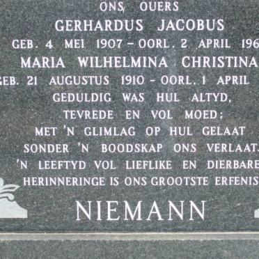 NIEMANN Gerhardus Jacobus 1907-1961 &amp; Maria Wilhelmina Christina 1910-1983