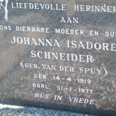 SCHNEIDER Johanna Isadore nee VAN DER SPUY 1919-1977