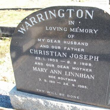 WARRINGTON Christian Joseph 1905-1968 &amp; Mary Ann Linnihan BOLTMAN 1911-1985