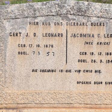 LEONARD Gert J.D. 1870-1957 &amp; Jacomina C. KRIEK 1880-1944
