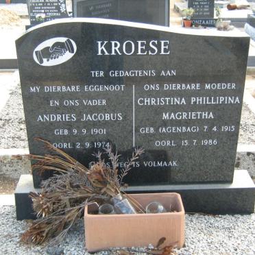 KROESE Andries Jacobus 1901-1974 &amp; Christina Phillipina Magrietha AGENBAG 1915-1986