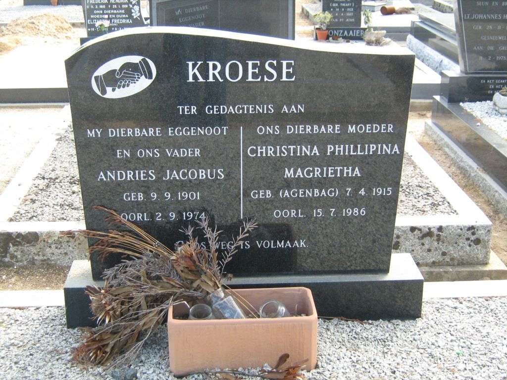 KROESE Andries Jacobus 1901-1974 &amp; Christina Phillipina Magrietha AGENBAG 1915-1986