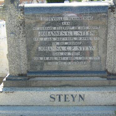 STEYN Johannes G.L. 1882-1943 &amp; Johanna C.P. DU TOIT 1887-1973