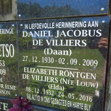 VILLIERS Daniel Jacobus, de 1930-2009 &amp; Elizabeth Rontgen nee LOUW 1932-2016