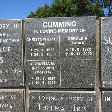 CUMMING Gerald R. 1922-2000 &amp; Cornelia M. DE WET 1927-2021 :: CUMMING Christopher H. 1952-1995