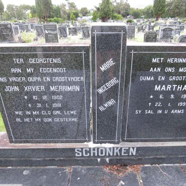 SCHONKEN John Xavier Merriman 1902-1981 & Martha 1910-1999