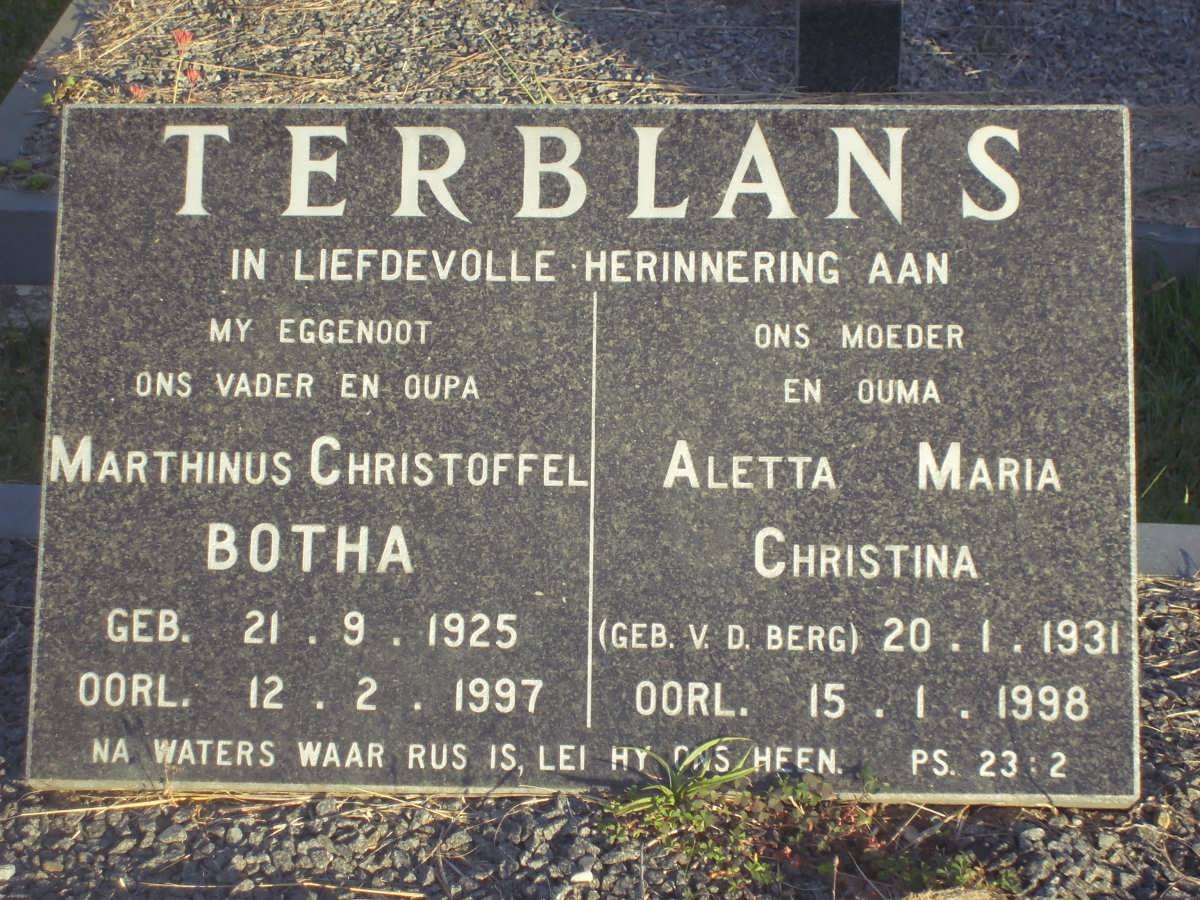 TERBLANS Marthinus Christoffel Botha 1925-1997 &amp; Aletta Maria Christina V.D. BERG 1931-1998