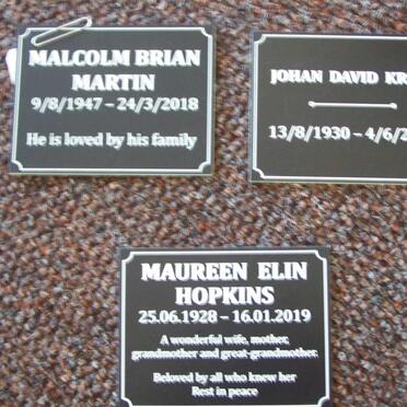 MARTIN Malcolm Brian 1947-2018 :: KRIGE Johan David 1930-2013 :: HOPKINS Maureen Elin 1928-2019