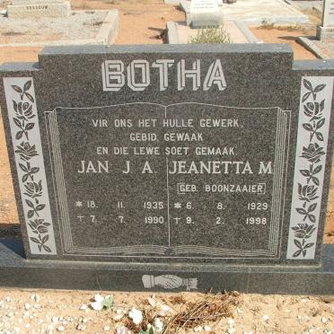 BOTHA Jan J.A. 1935-1990 &amp; Jeanetta M. BOONZAAIER 1929-1998