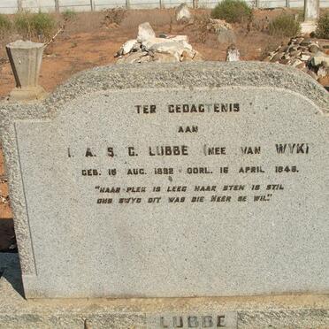 LUBBE A.S.G. nee VAN WYK 1892-1946