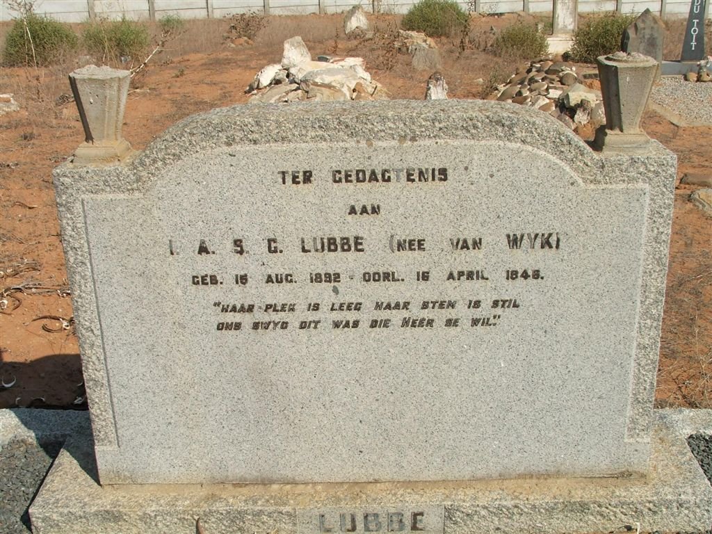 LUBBE A.S.G. nee VAN WYK 1892-1946