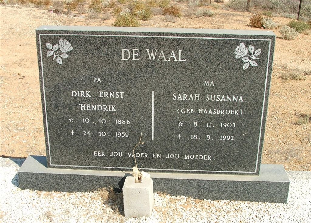 WAAL Dirk Ernst Hendrik, de  1886-1959 &amp; Sarah Susanna HAASBROEK 1903-1992