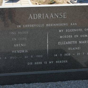 ADRIAANSE Arend Hendrik 1920-1999 &amp; Elizabeth Maria 1926-1986