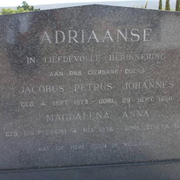 ADRIAANSE Jacobus Petrus Johannes 1873-1966 &amp; Magdalena Anna DU PLESSIS 1876-1941