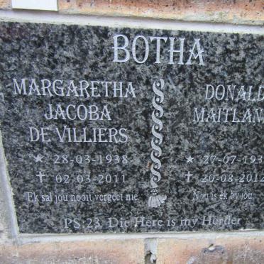 BOTHA Donald Maitland 1937-2012 &amp; Margaretha Jacoba DE VILLIERS 1938-2011