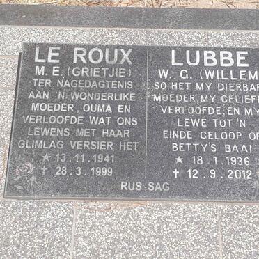 LUBBE W.G. 1936-2012 :: LE ROUX M.E. 1941-1999