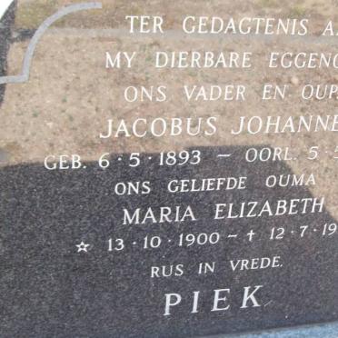PIEK Jacobus Johannes 1893-1973 &amp; Maria Elizabeth 1900-1989