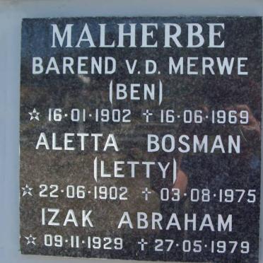 MALHERBE Barend v.d. Merwe &amp; Aletta nee BOSMAN 1902-1975 :: Izak Abraham 1929-1979