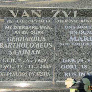 ZYL Gerhardus Bartholomeus Saaiman, van 1929-2005 &amp; Marie VAN DER MERWE 1930-2018