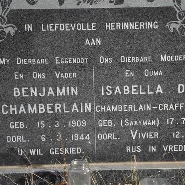 CHAMBERLAIN Benjamin 1909-1944 &amp; Isabella D. CRAFFORD nee SAAYMAN 1914-1984