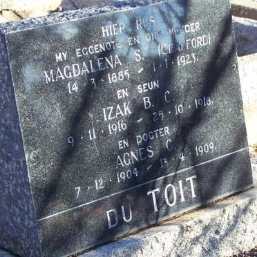 TOIT Magdalena S., du nee CRAFFORD 1885-1923 :: DU TOIT Izak B.C. 1916-1918 :: DU TOIT Agnes C. 1904-1909